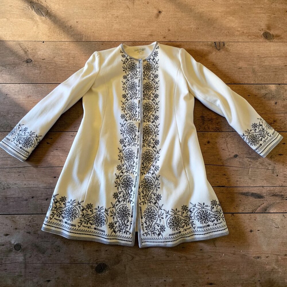 Peter Nygard Ivory Wool Embroidered Coat 14 Boho Folk Jacket Longline Tunic L - Picture 4 of 16